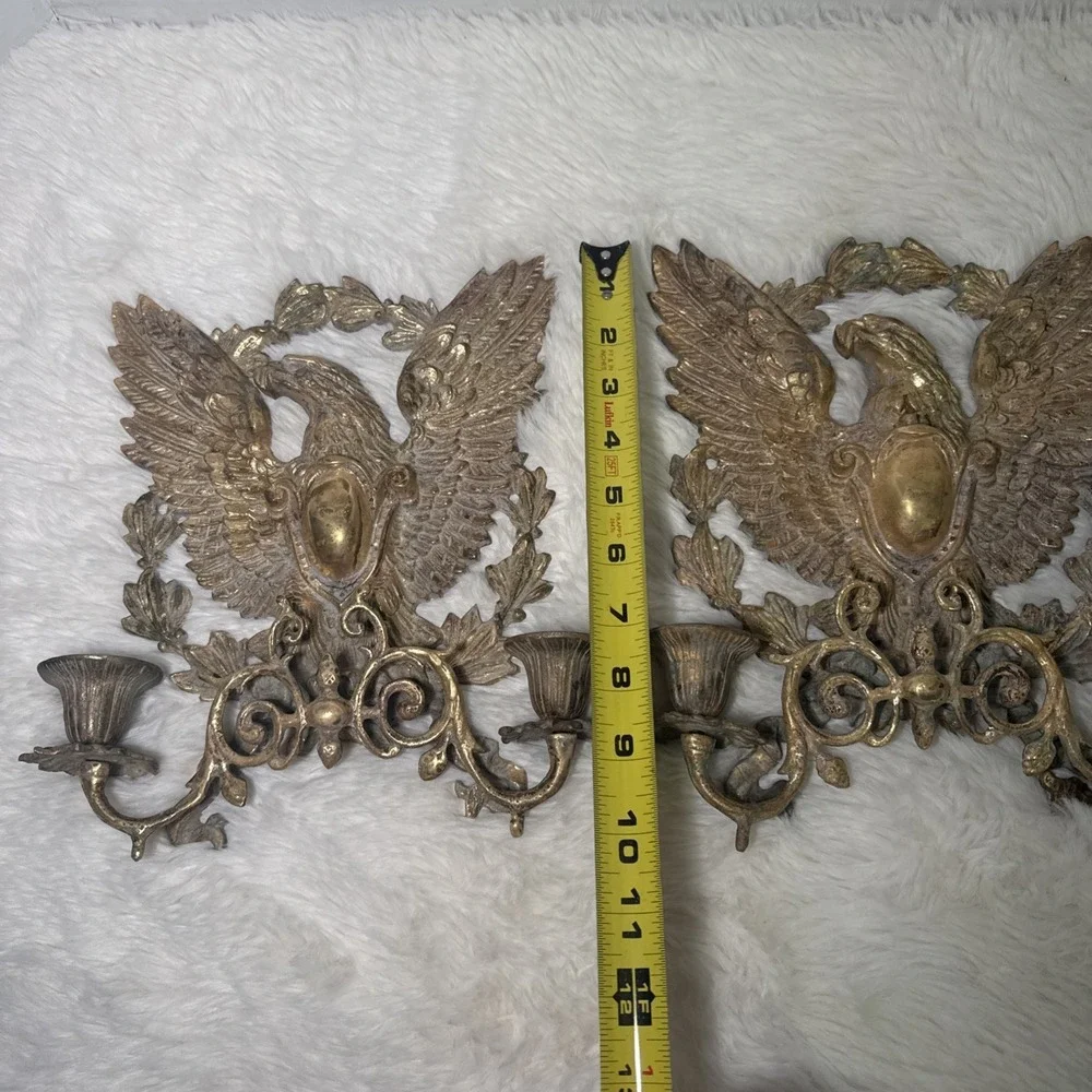Vintage Brass Eagle Wall Scroll Sconce Candlestick Hollywood Regency Pair 2 MCM